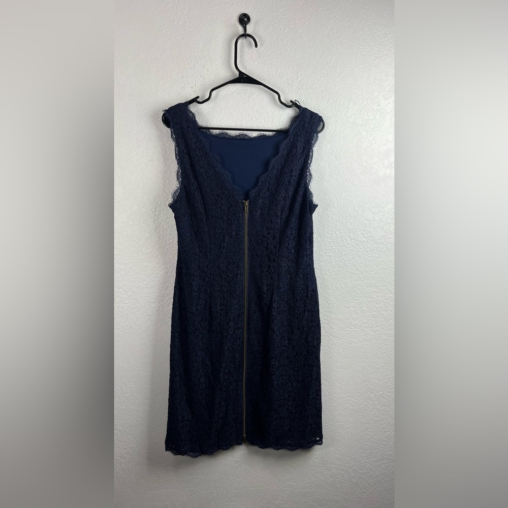 Adrianna Papell Women Navy Laced Sleeveless Shift Cocktail Mini Dress Size US 14 - Picture 4 of 9